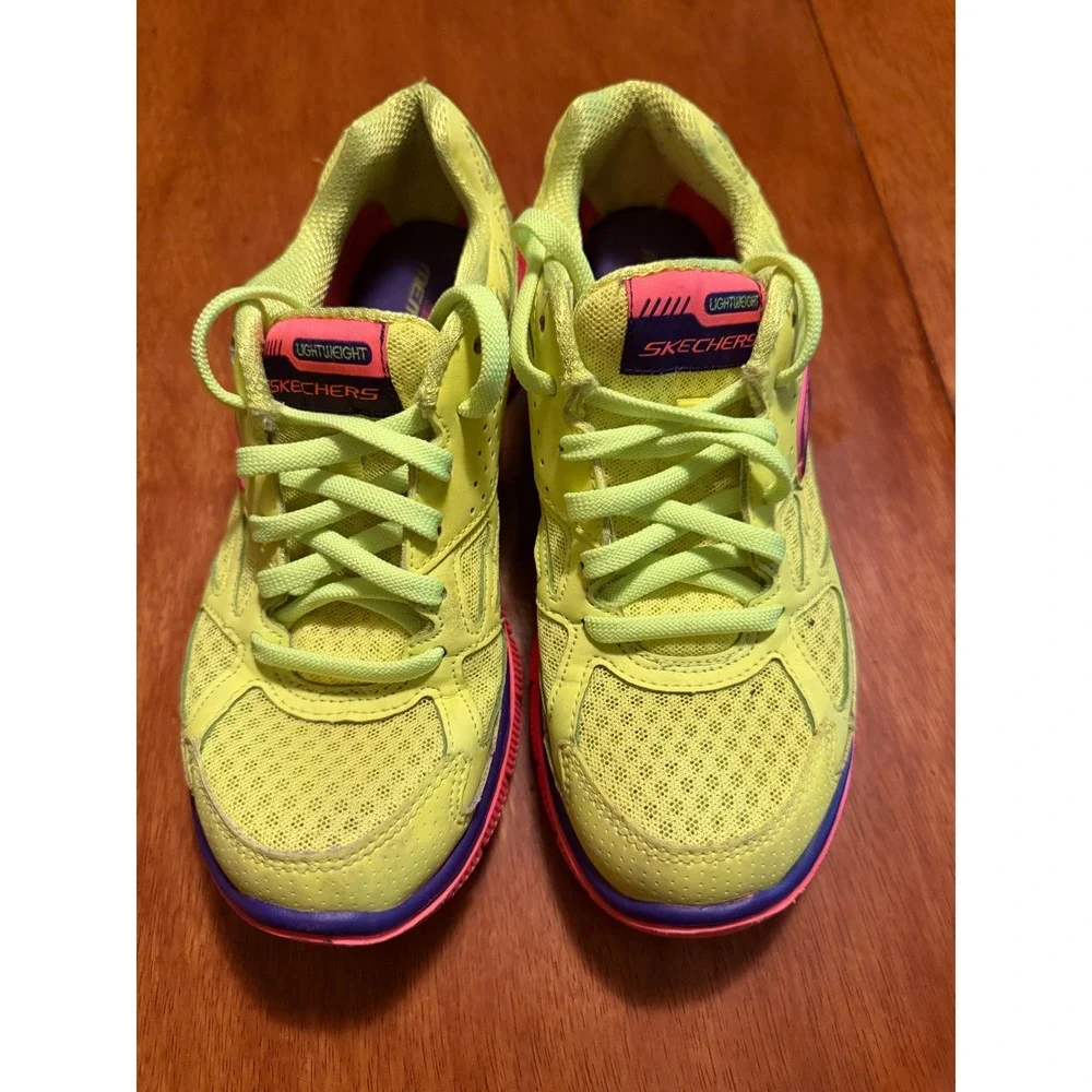 Skechers Flex Sole Memory Foam Neon Yellow Purple Pink Sneakers 11726 Women 6.5